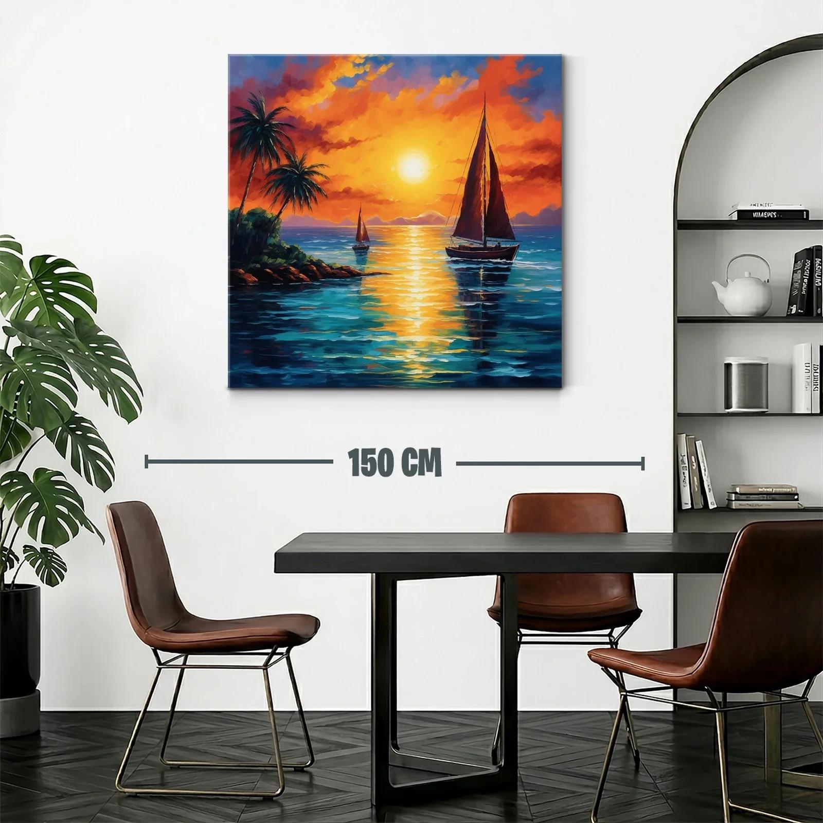 Atardecer en la costa con velero y palmeras tropicales — miniatura 2