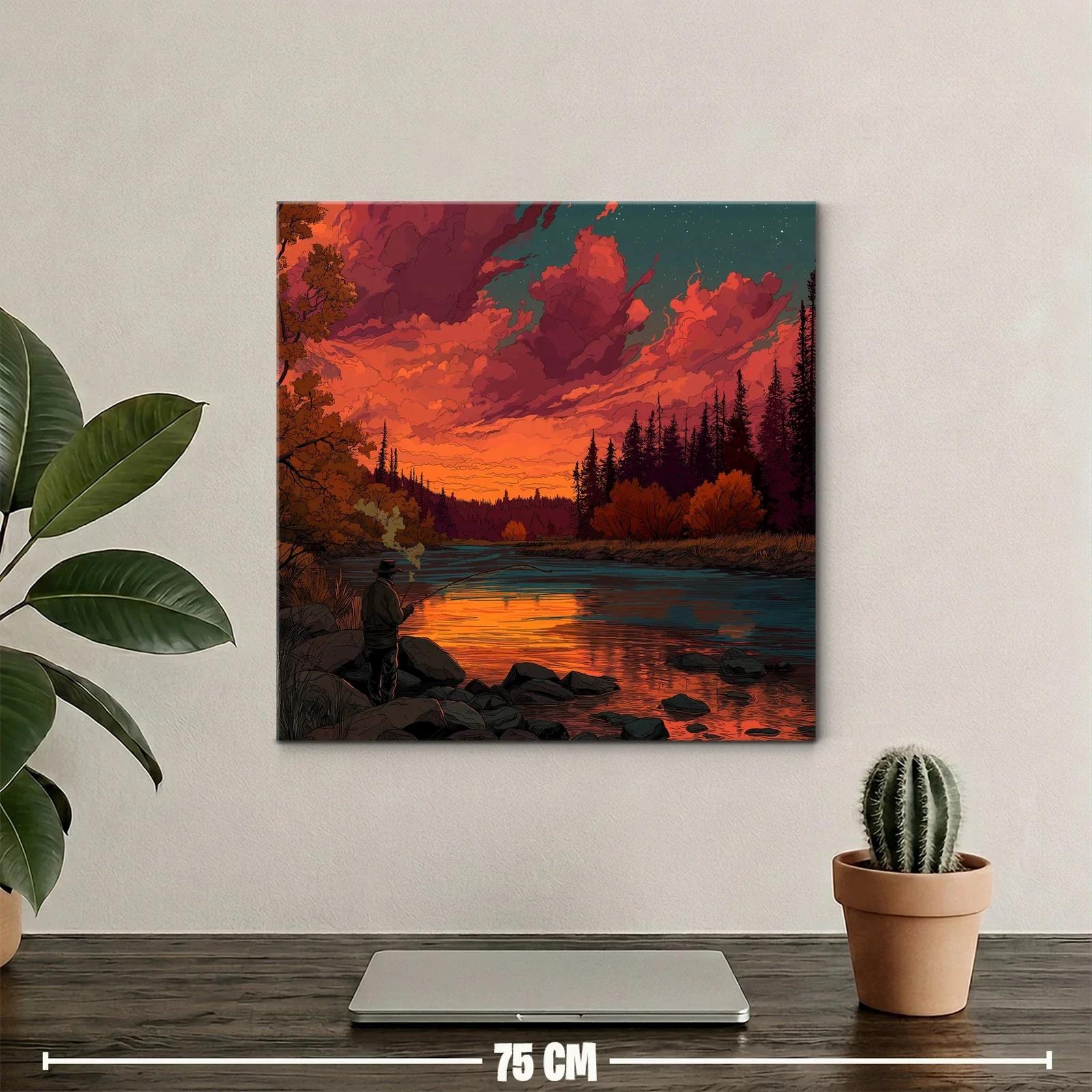 Puesta de sol vibrante en río con pescador solitario — miniatura 2