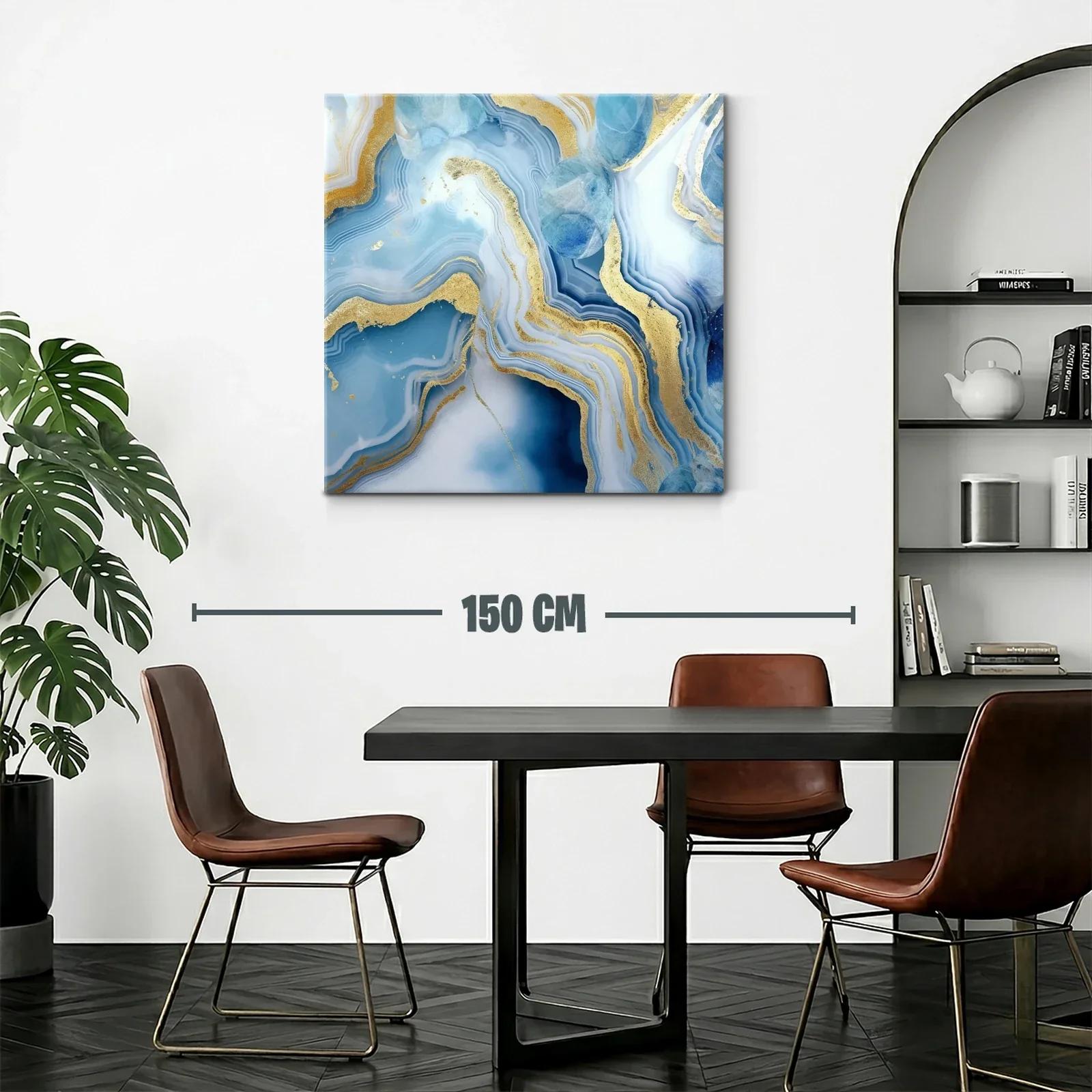 Cuadro abstracto con vetas azules y doradas vibrantes — miniatura 2
