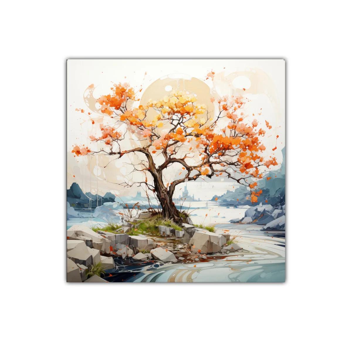 Árbol otoñal vibrante en paisaje sereno de río y rocas — imagen principal