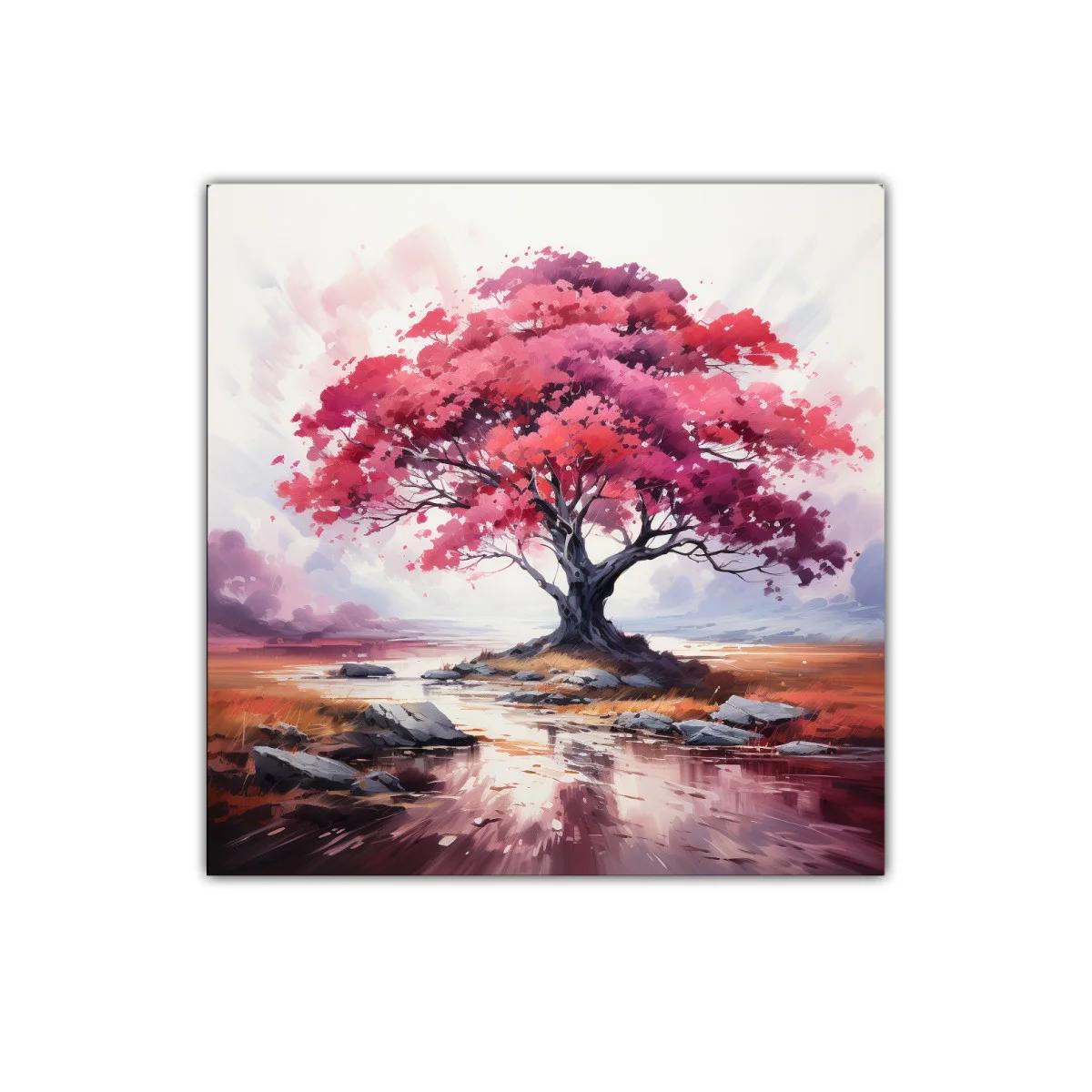 Árbol en tonos rosas y rojos sobre paisaje sereno — imagen principal