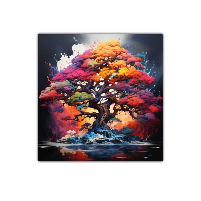 Árbol vibrante con follaje multicolor y reflejo mágico