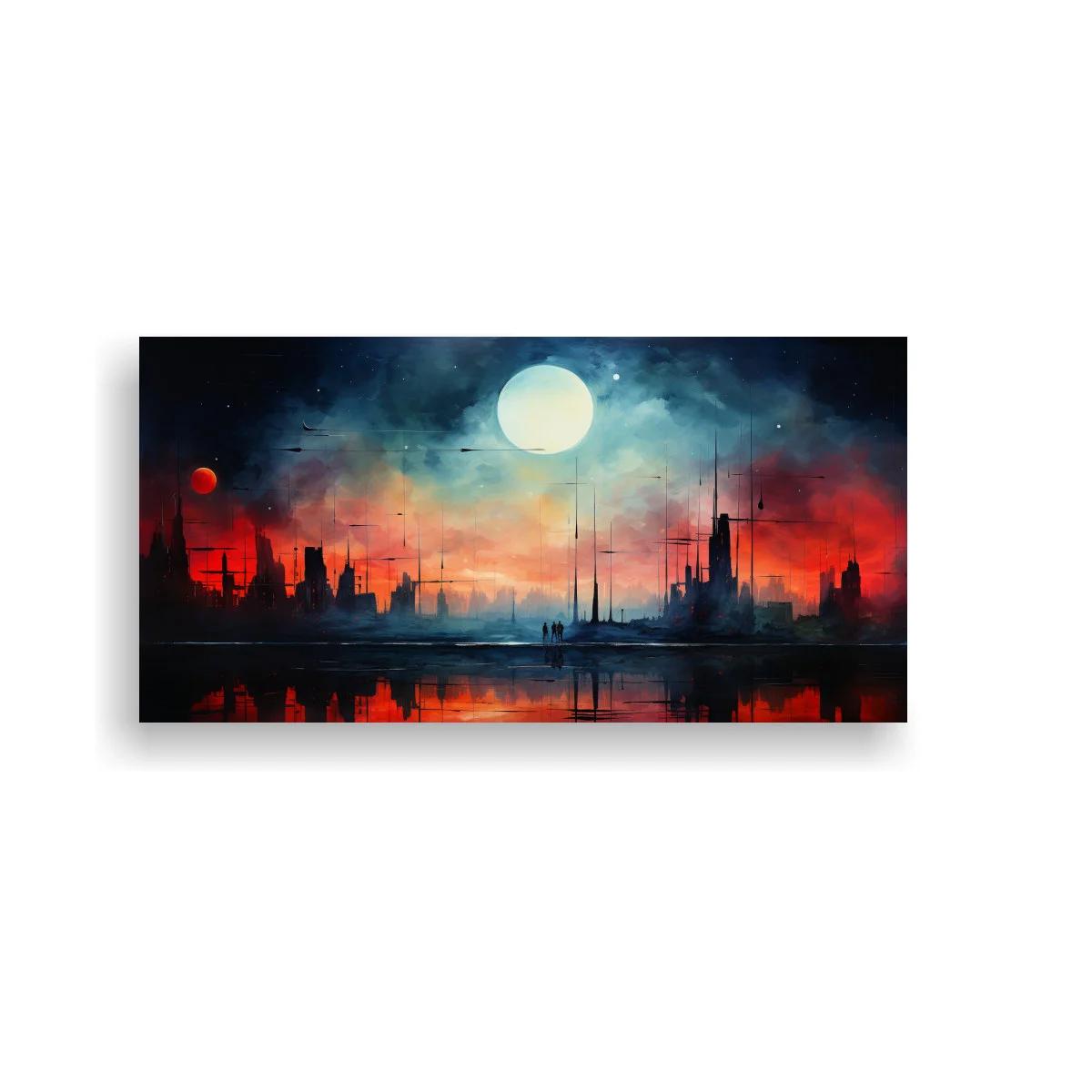 Cuadro skyline urbano con luna llena y reflejo amplio en el agua — imagen principal