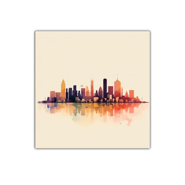 Panorámica urbana con reflejos en tonos cálidos y modernos