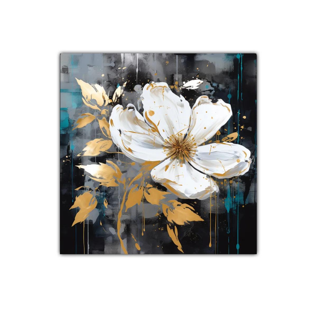 Flor blanca y dorada sobre fondo oscuro con toques azules — imagen principal