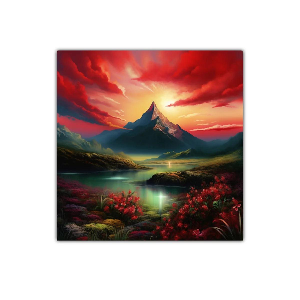 Paisaje Montañoso al Amanecer con Flores Rojas