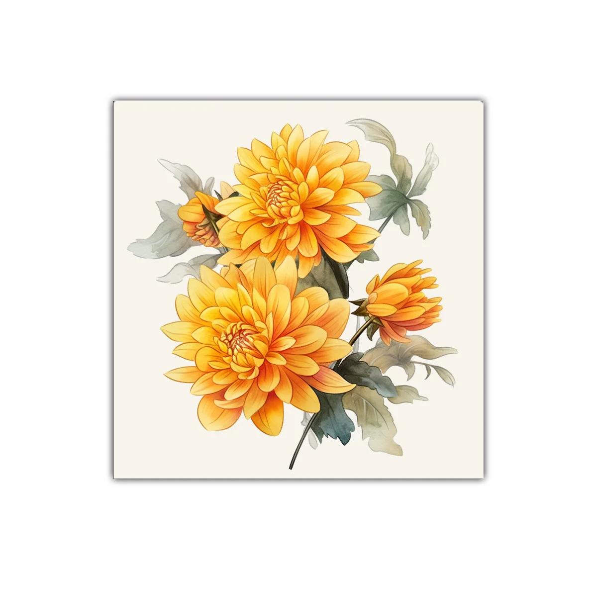 Cuadro floral con dalias en tonos cálidos y hojas verdes
