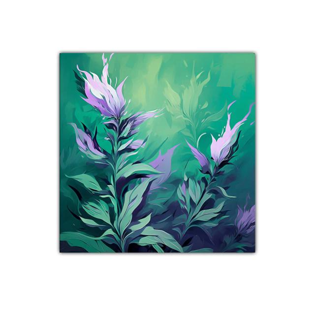 Cuadro decorativo con flores abstractas en tonos verdes y lilas