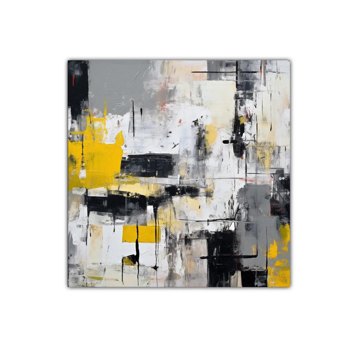 Cuadro abstracto con tonos grises y toques amarillos vibrantes — imagen principal