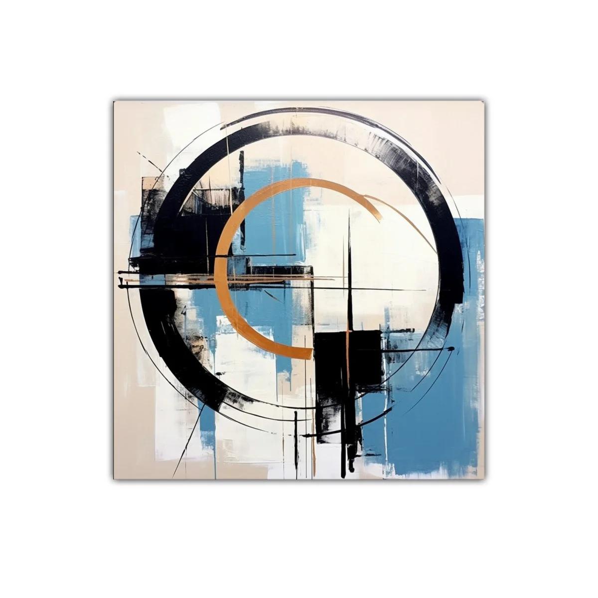 Composición abstracta con círculos y geometría en tonos cálidos y azules — imagen principal