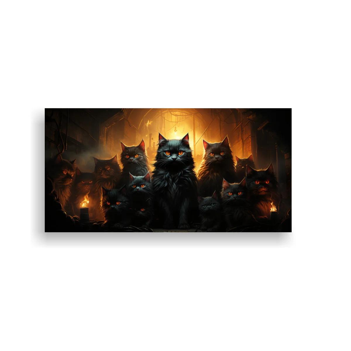 Cuadro grupo de gatos negros con ojos brillantes y velas