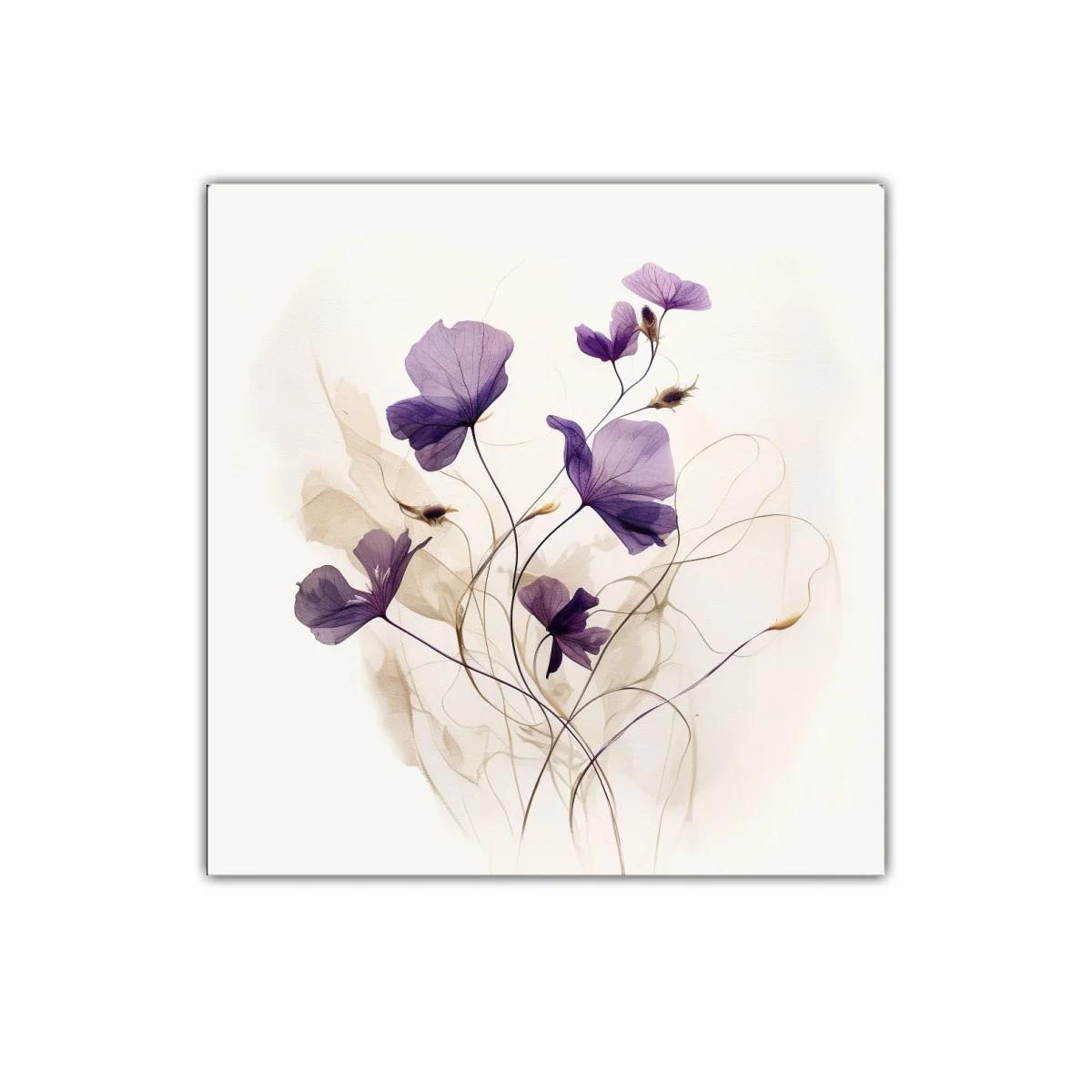 Cuadro decorativo con delicadas flores moradas y líneas suaves