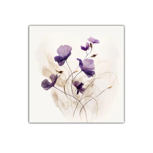 Cuadro decorativo con delicadas flores moradas y líneas suaves
