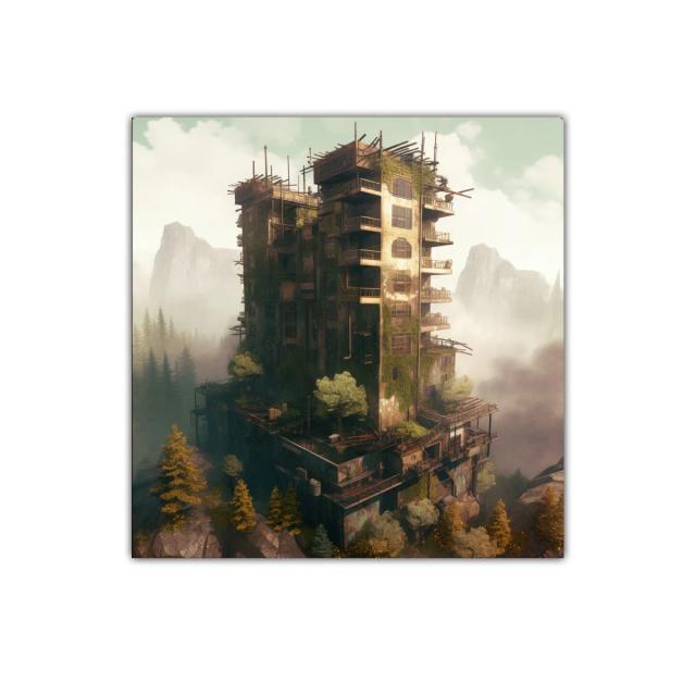 Edificio abandonado entre naturaleza y niebla misteriosa