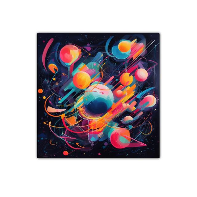 Composición dinámica con esferas y trazos de colores vibrantes