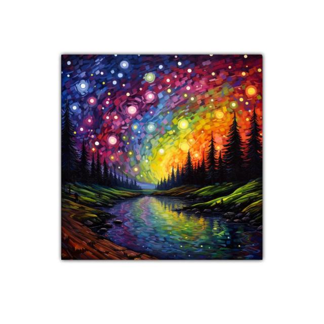 Paisaje nocturno con cielo estrellado y río reflejante