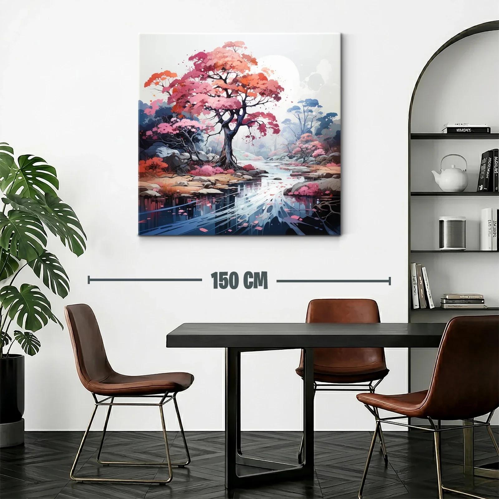Paisaje sereno con árbol rosa junto a río reflejante — miniatura 2