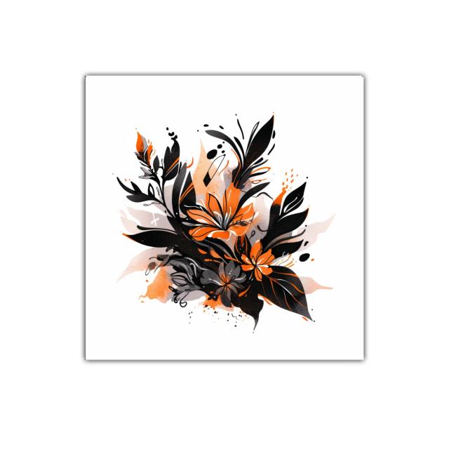 Composición floral en tonos negro y naranja vibrante