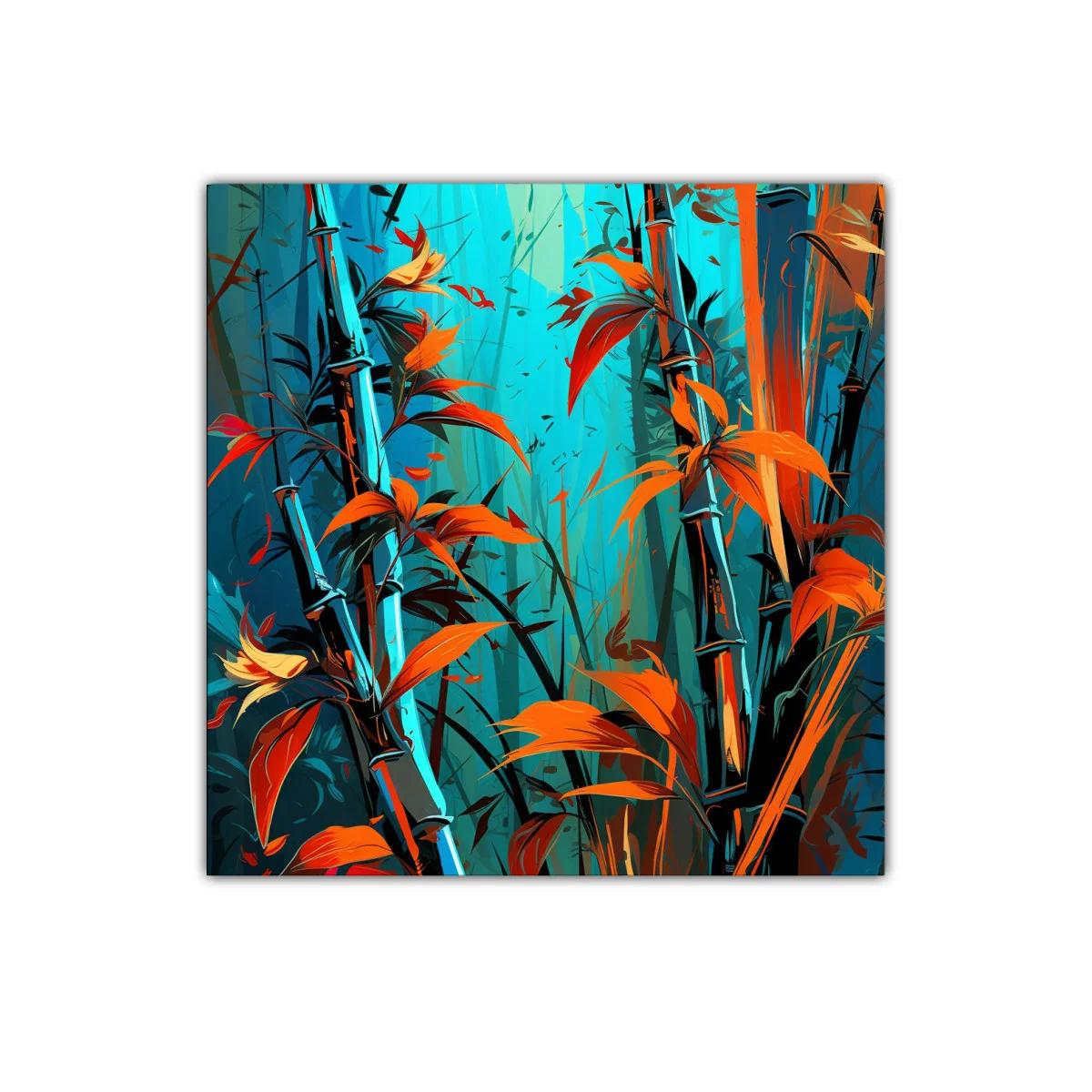 Cuadro vibrante con bambú y hojas en tonos turquesa y naranja — imagen principal