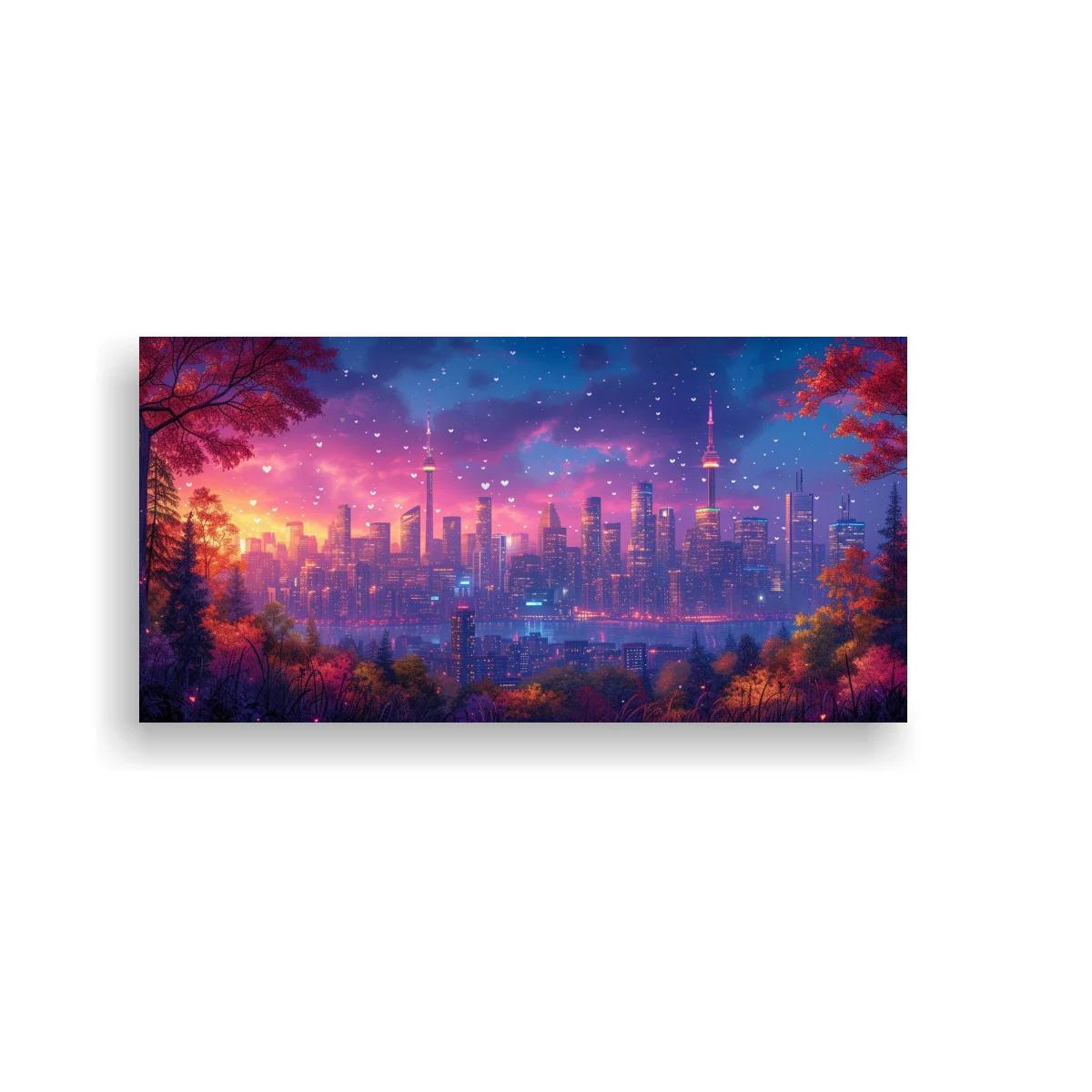 Cuadro skyline urbano al atardecer con cielo estrellado