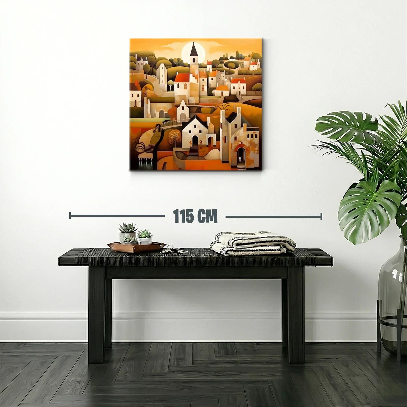 Paisaje urbano con casas y campanario al atardecer — miniatura 2