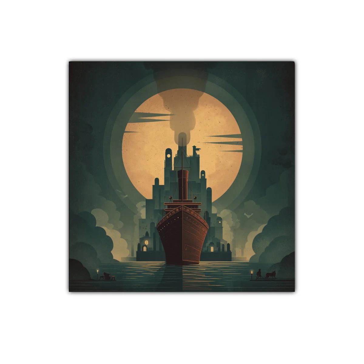 Imponente barco a vapor ante luna gigante y ciudad misteriosa — imagen principal