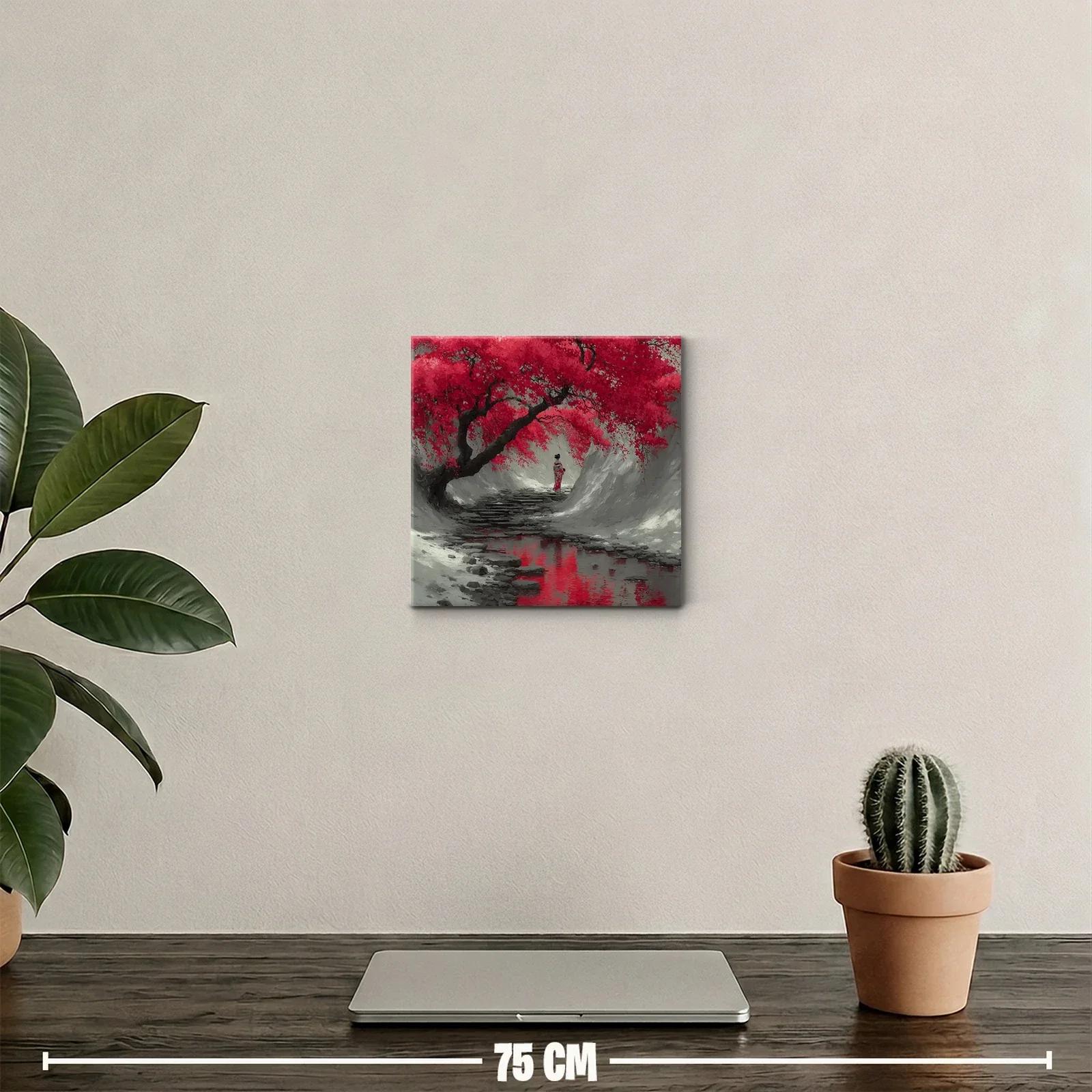 Camino sereno bajo cerezos en flor rojo intenso — miniatura 2