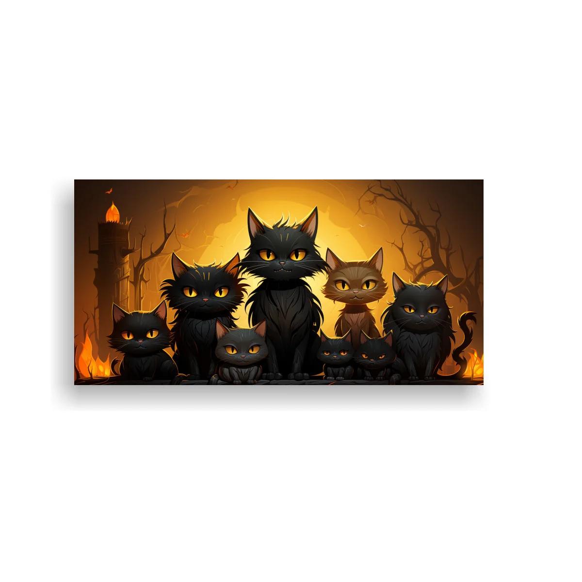Cuadro grupo de gatos negros en resplandor anaranjado