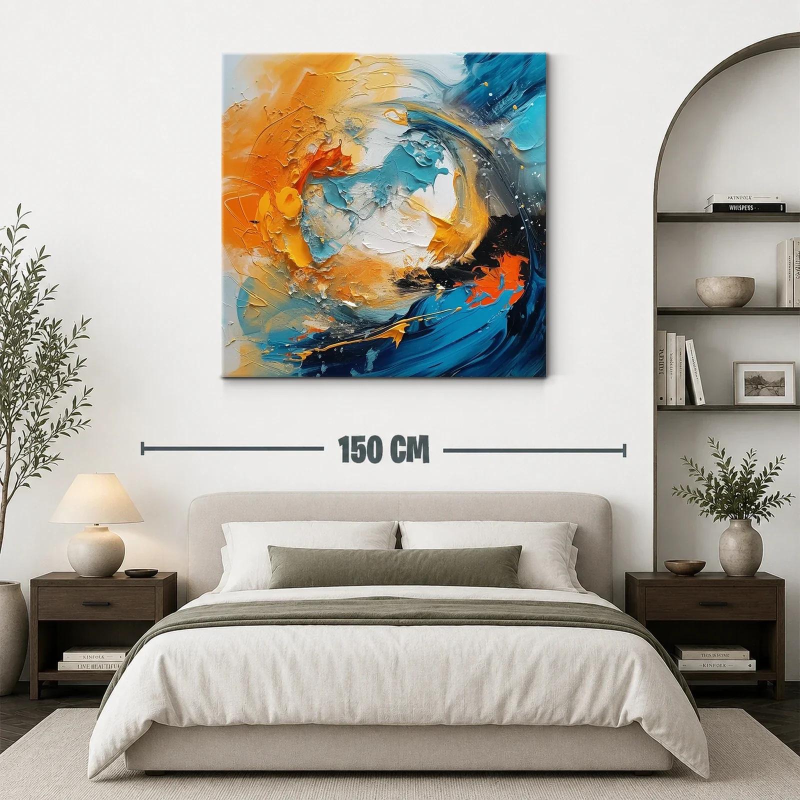 Cuadro abstracto en tonos turquesa y naranja vibrante — miniatura 3