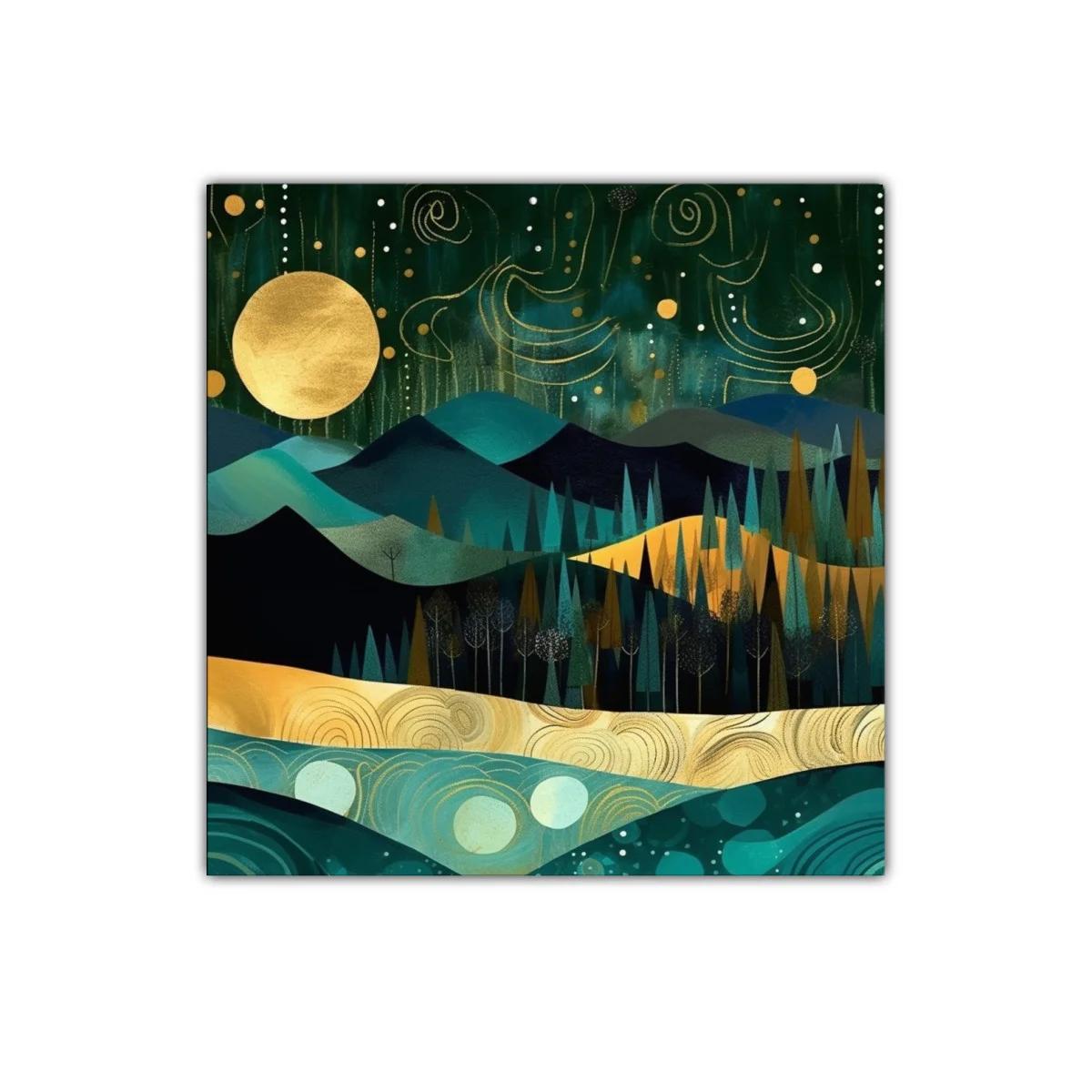 Paisaje nocturno con luna dorada y montañas estilizadas — imagen principal