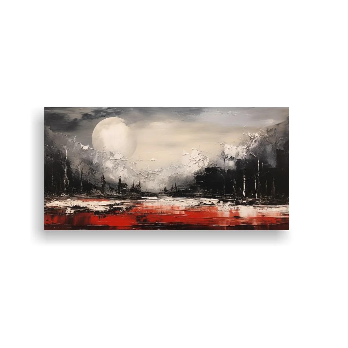 Cuadro paisaje de lago con bosque y luna grande
