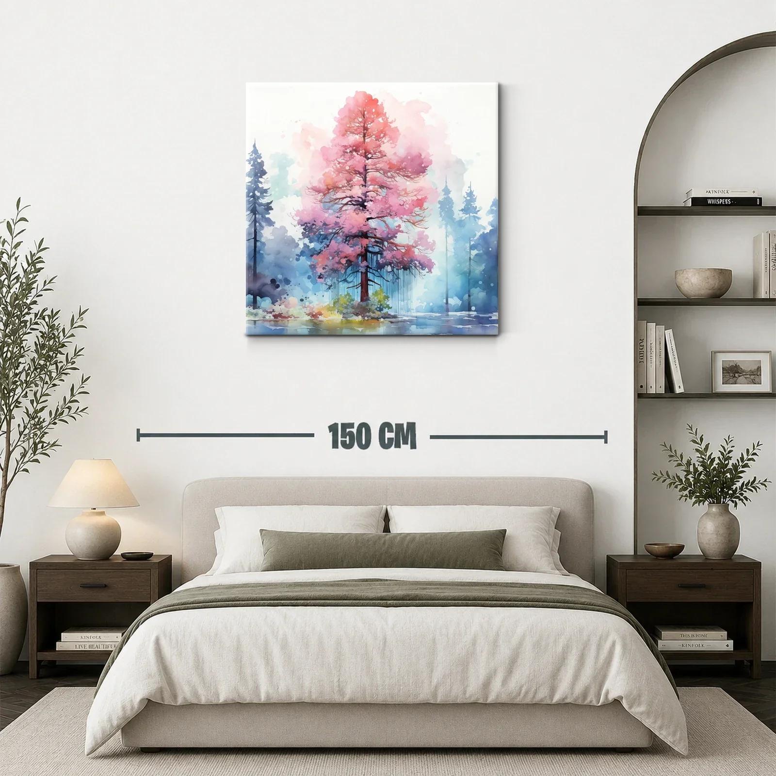 Árbol en tonos rosas vibrantes con fondo de bosque azul — miniatura 3