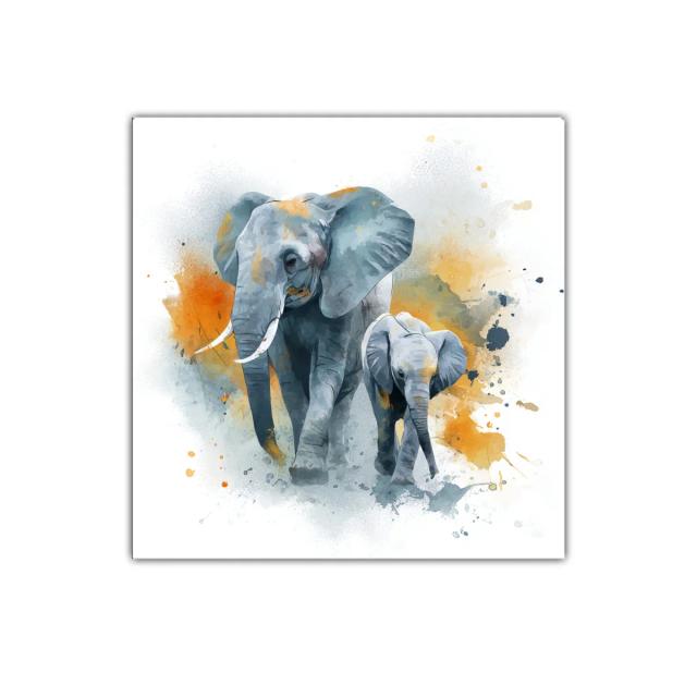 Cuadro decorativo elefantes en tonos azules y naranjas para salón