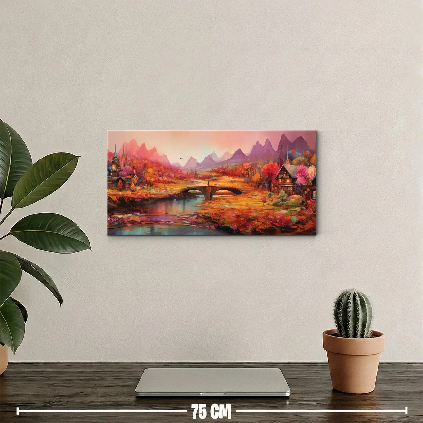 Cuadro paisaje otoñal de fantasía con cabañas y río — miniatura 2
