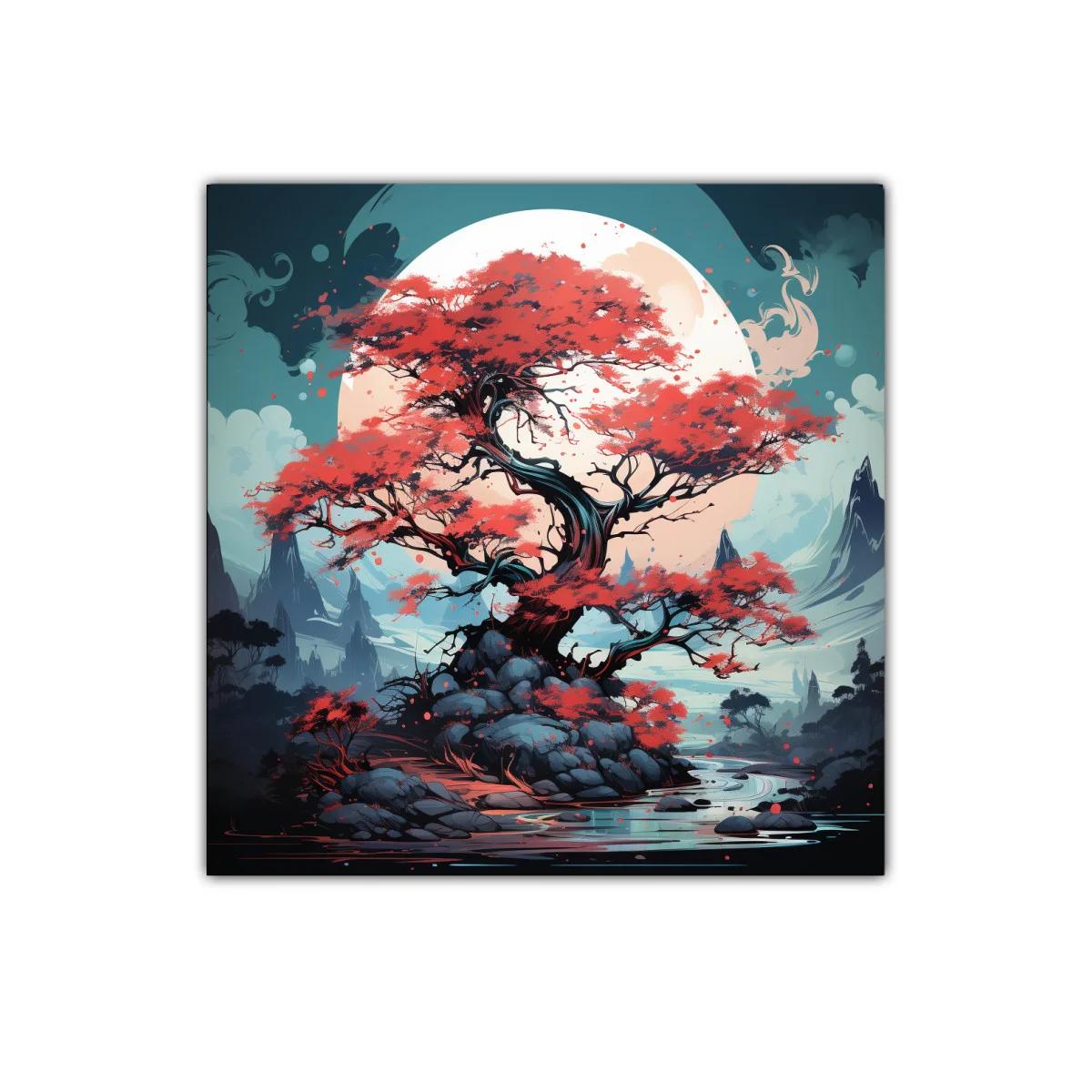Árbol rojo frente a luna gigante en paisaje místico