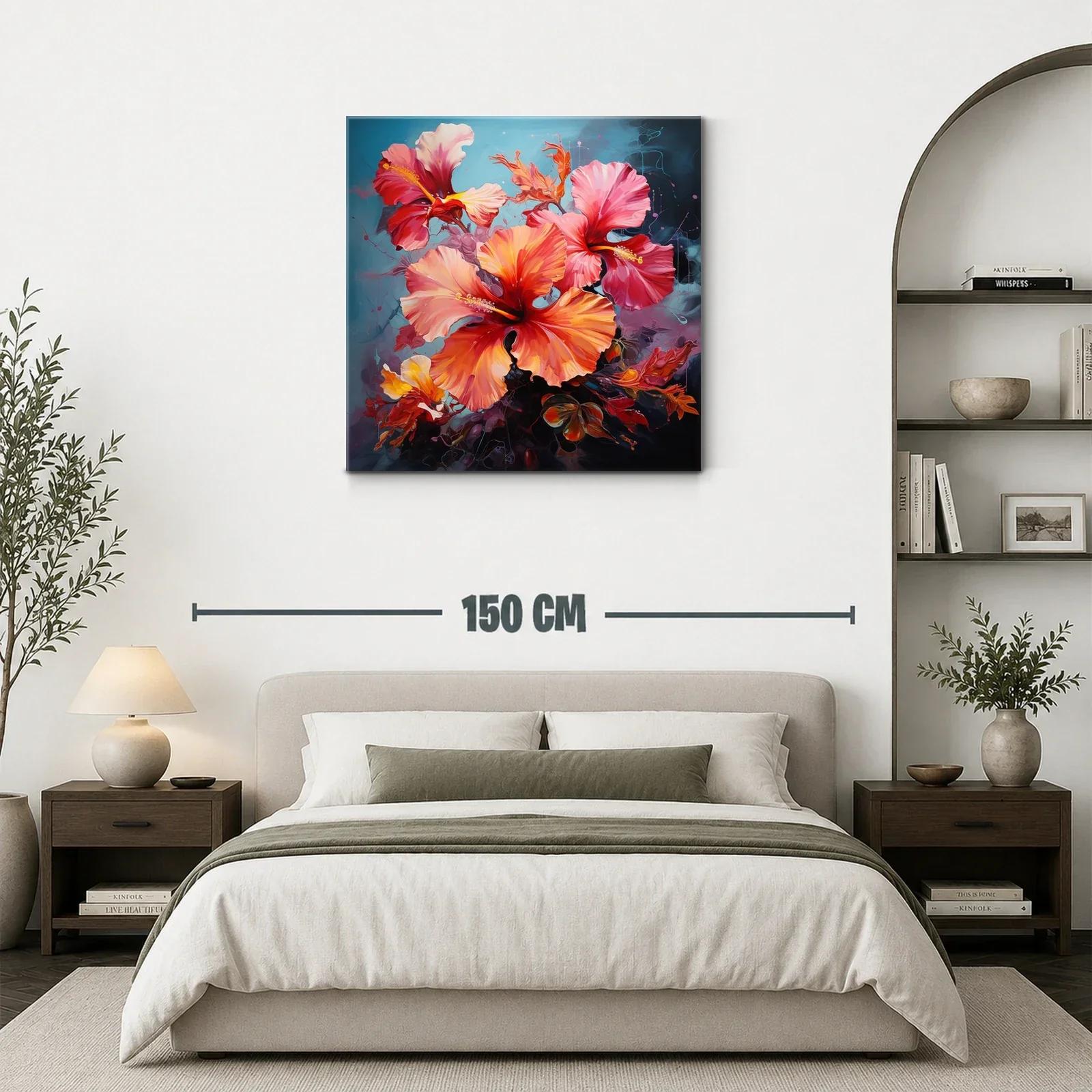 Cuadro floral con vibrantes tonos cálidos y fondo azul — miniatura 3