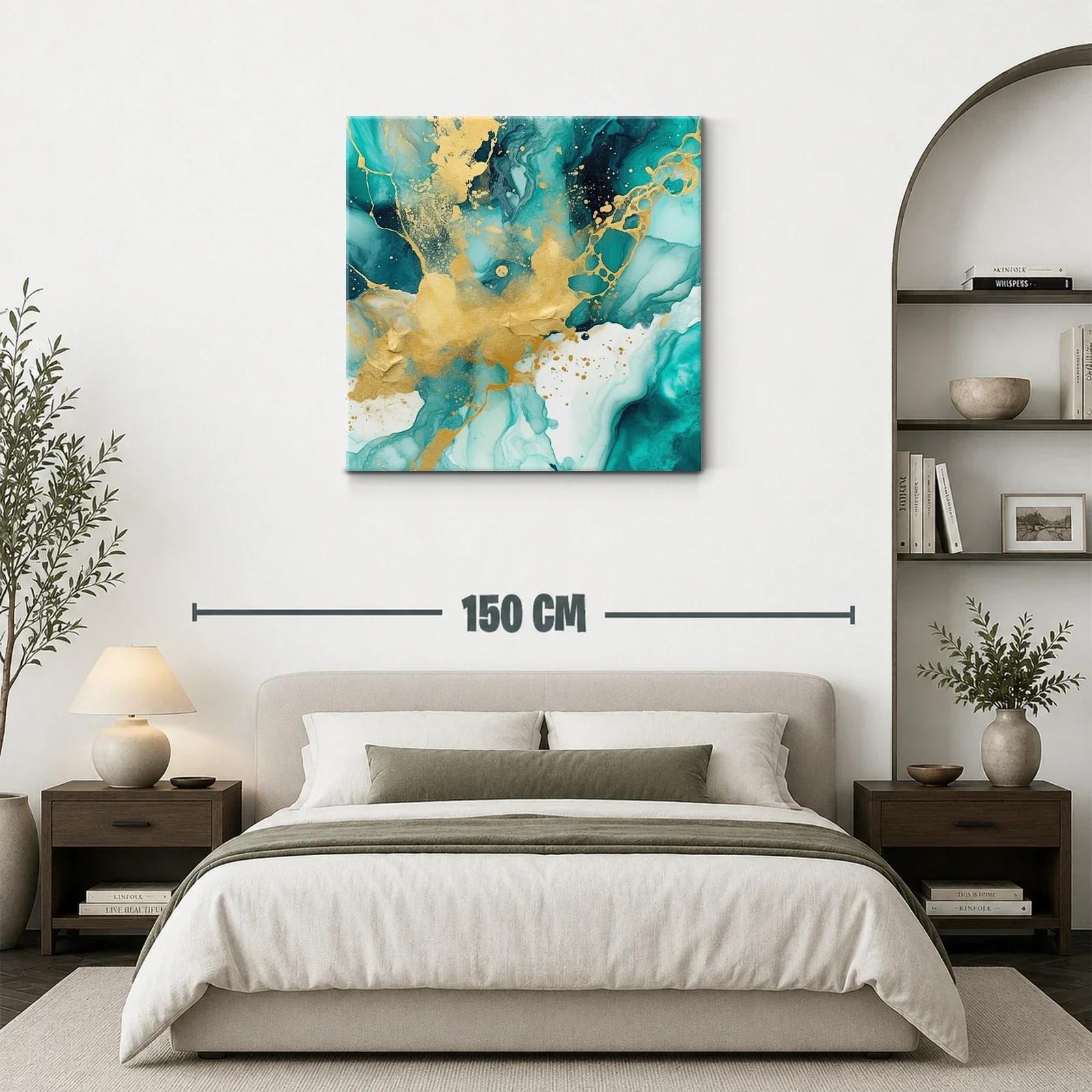Cuadro abstracto con tonos turquesa y dorados vibrantes — miniatura 3