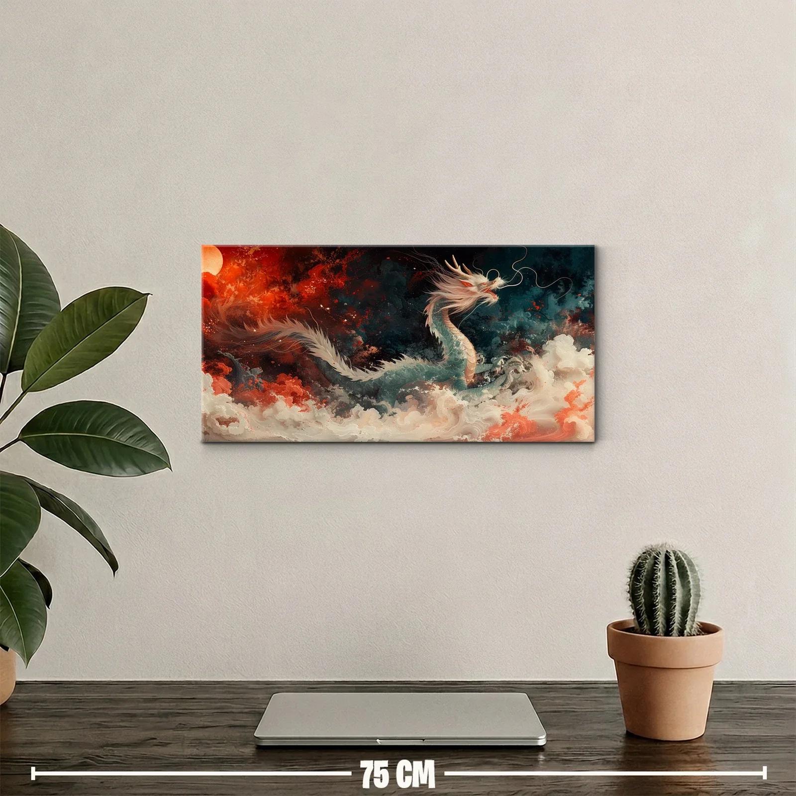 Cuadro dragón chino blanco con sol rojo intenso — miniatura 2