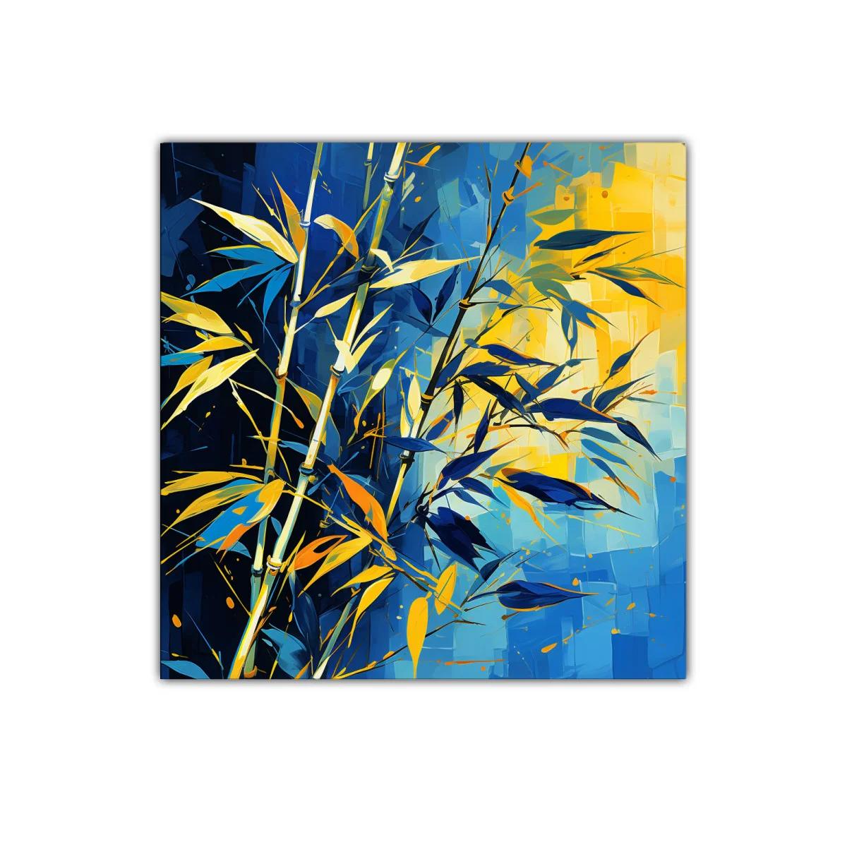 Cuadro moderno con plantas en tonos azules y amarillos vibrantes