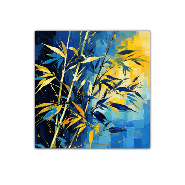 Cuadro moderno con plantas en tonos azules y amarillos vibrantes