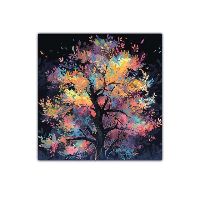 Árbol mágico con hojas en colores vibrantes y fondo oscuro