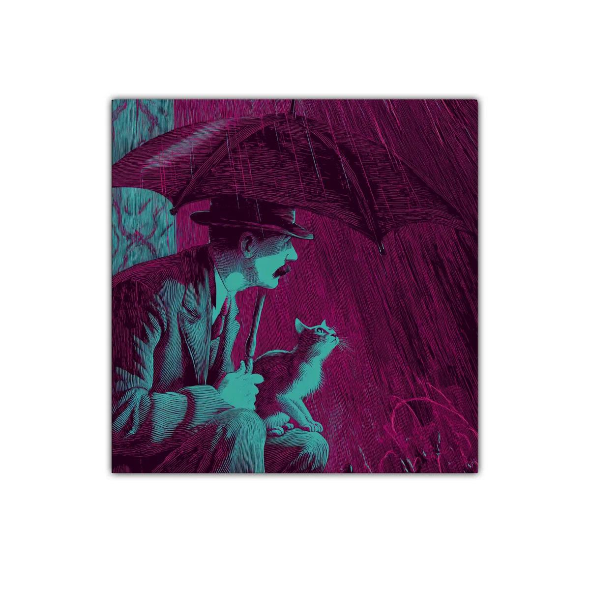 Hombre con gato bajo paraguas en lluvia vibrante — imagen principal