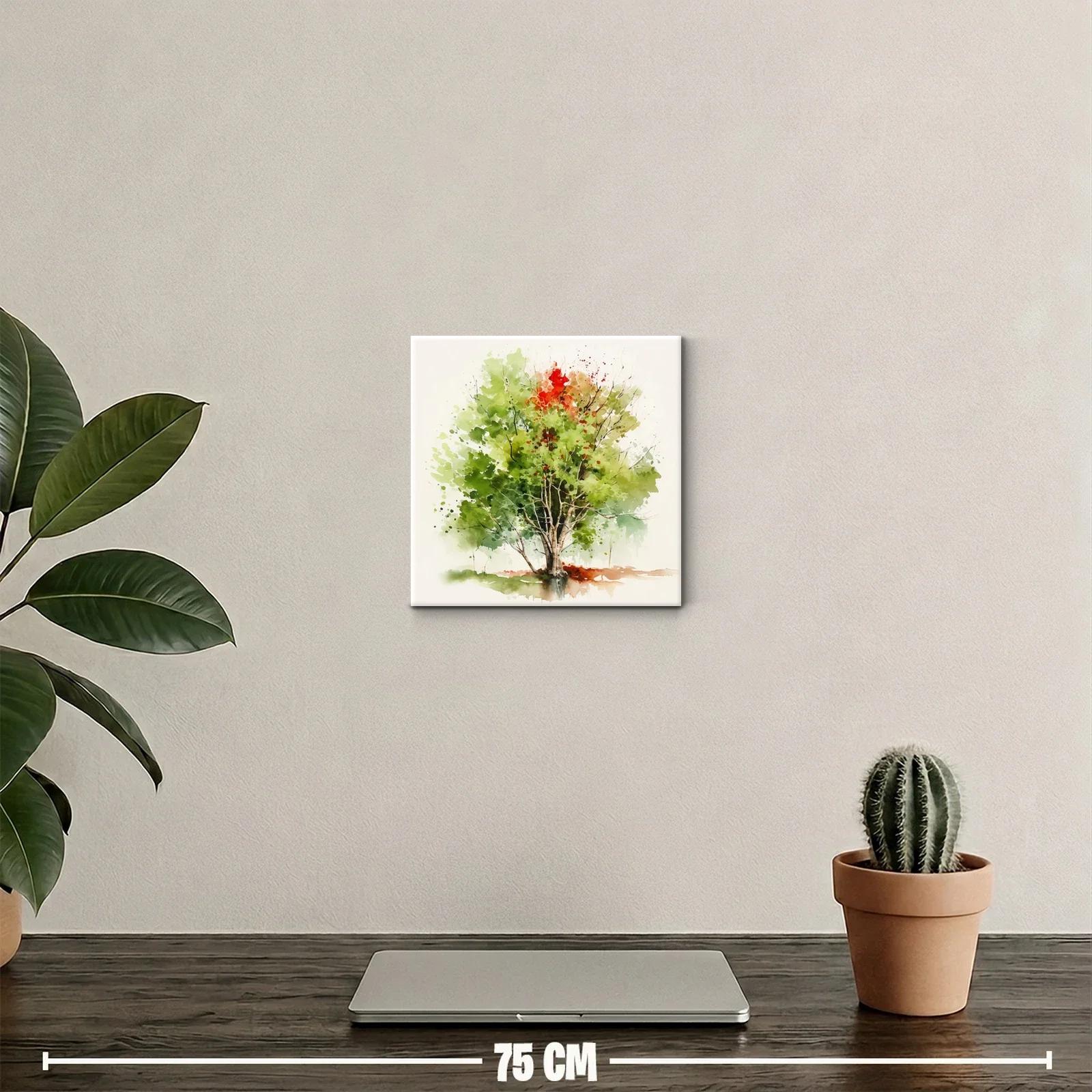Árbol en acuarela con tonos verdes y toques otoñales — miniatura 2