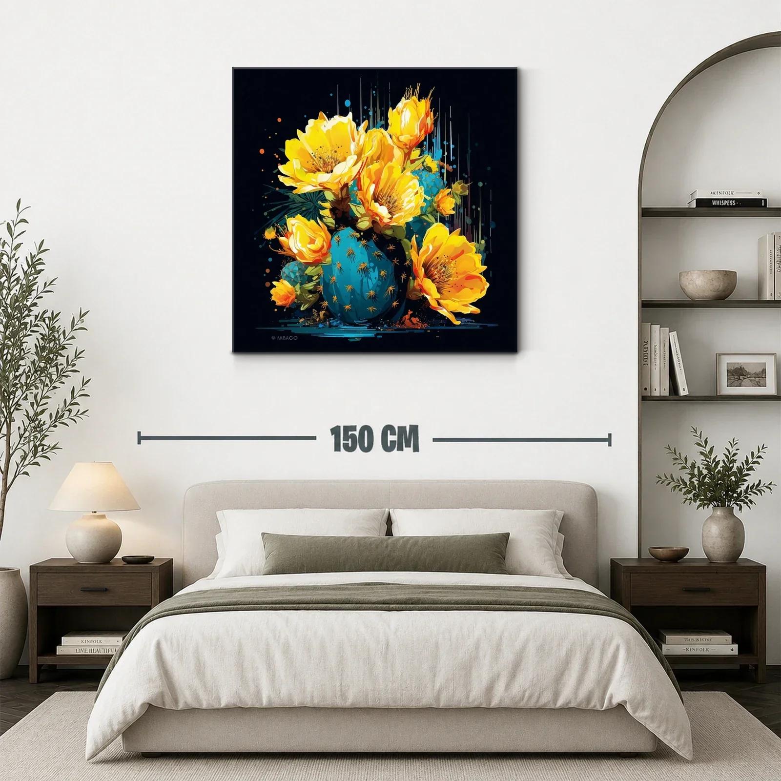 Cuadro moderno con flores amarillas y cactus azul vibrante — miniatura 3