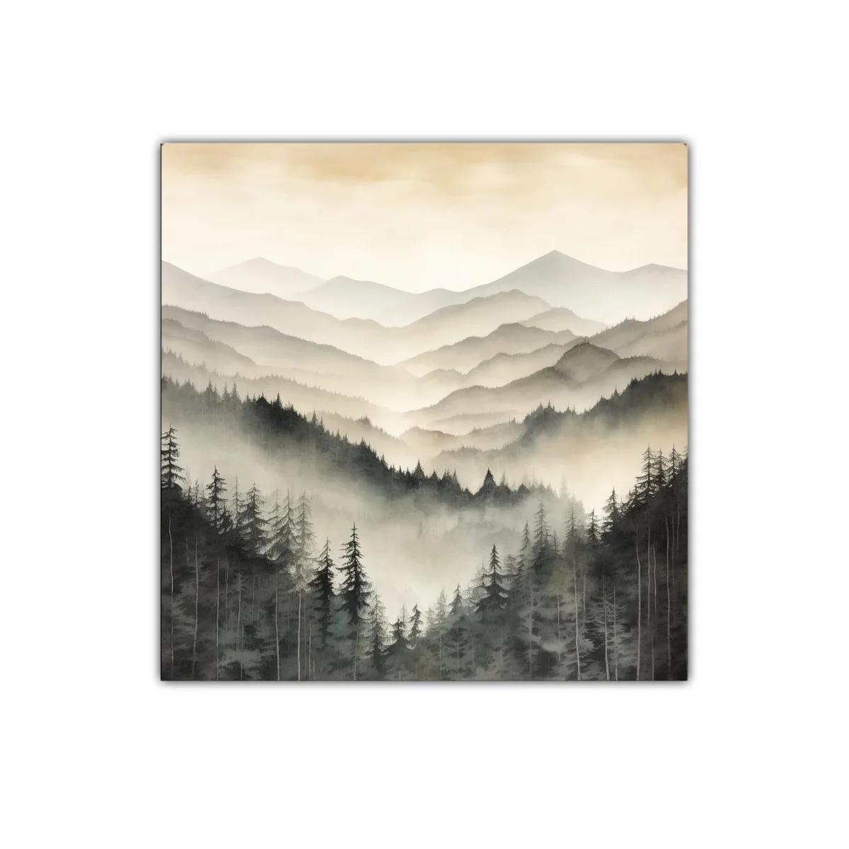 Paisaje de Montañas y Bosques con Niebla Suave y Tranquila