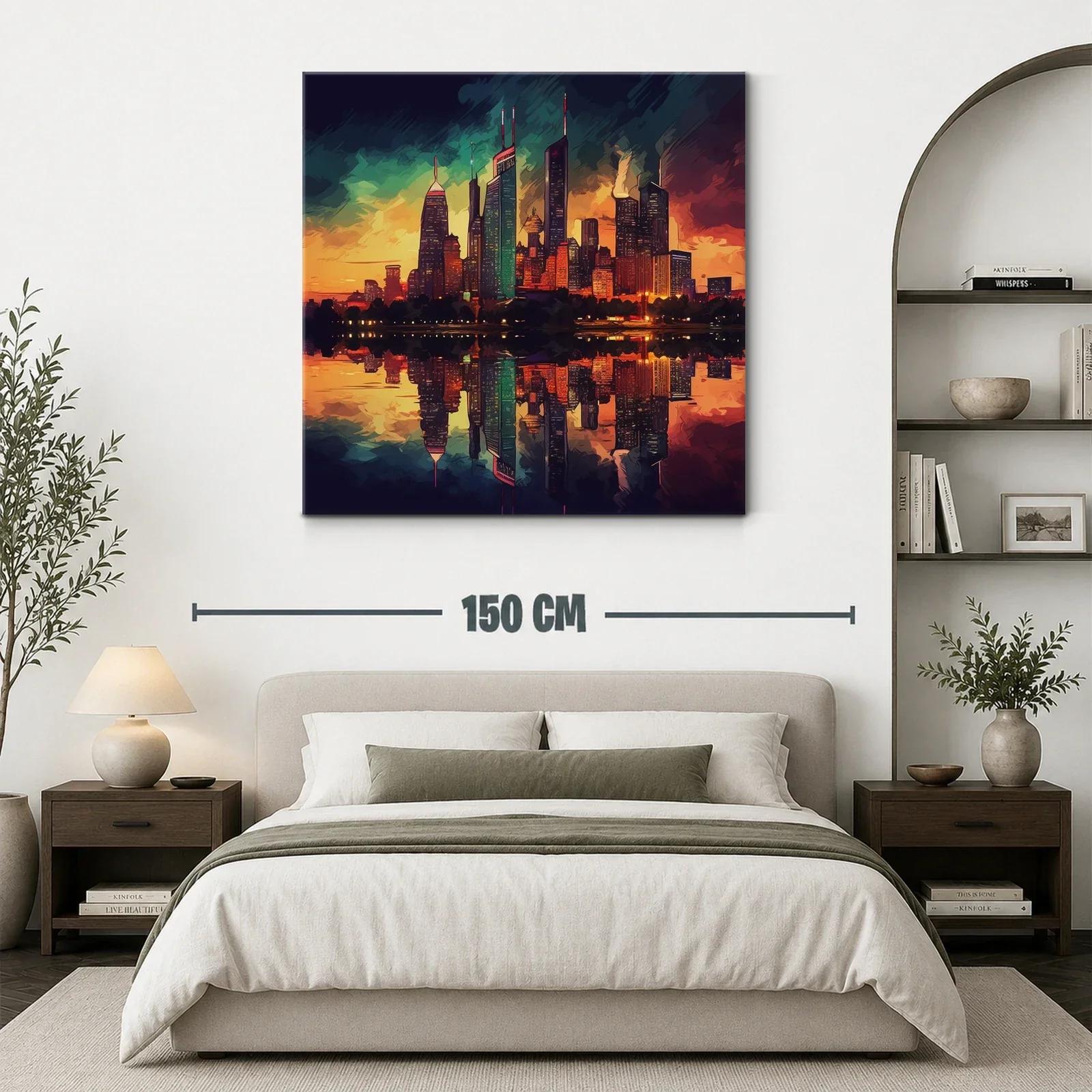 Atardecer vibrante sobre ciudad con reflejo en agua — miniatura 3
