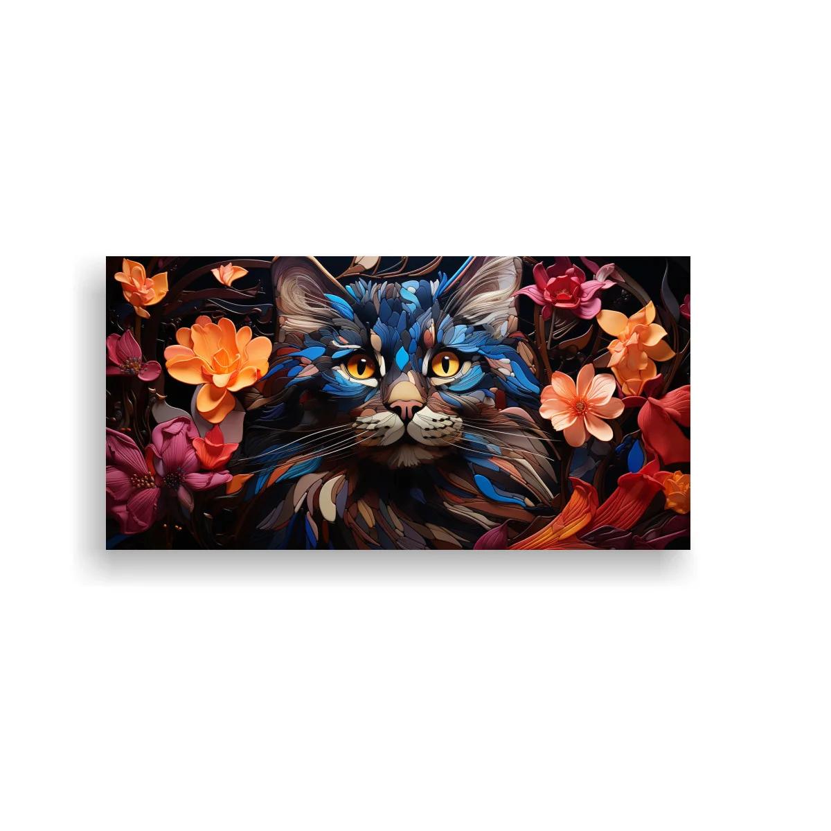 Cuadro gato de pelo largo con flores tropicales y plumas