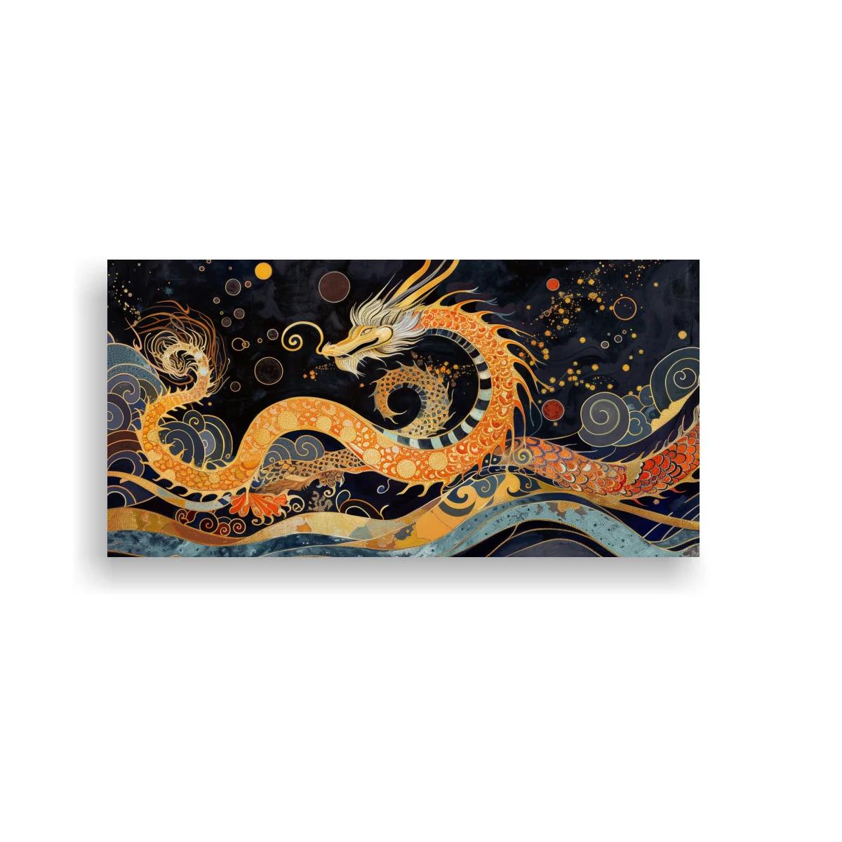 Cuadro dragón oriental dorado con olas y remolinos