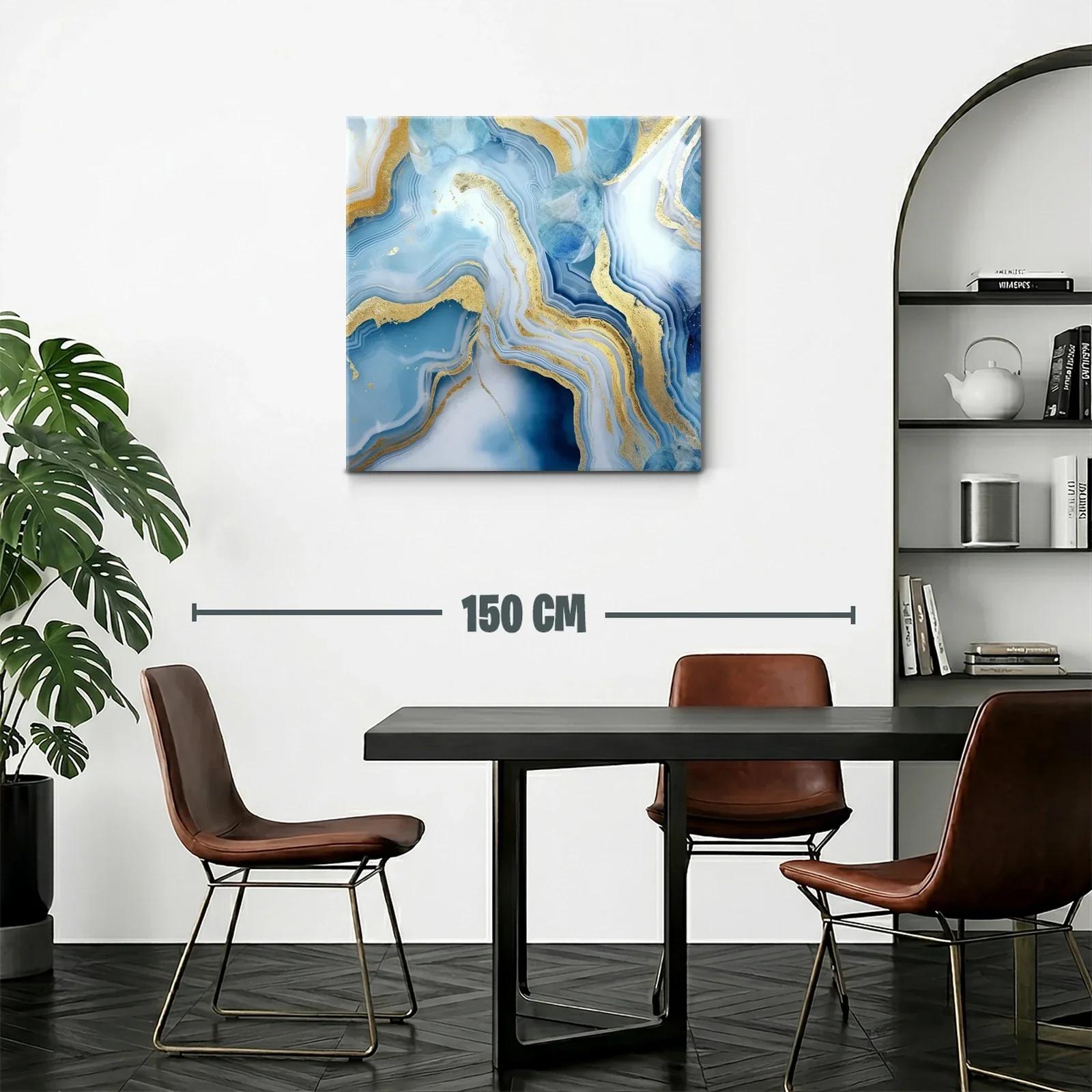 Cuadro abstracto con vetas azules y doradas vibrantes — miniatura 2