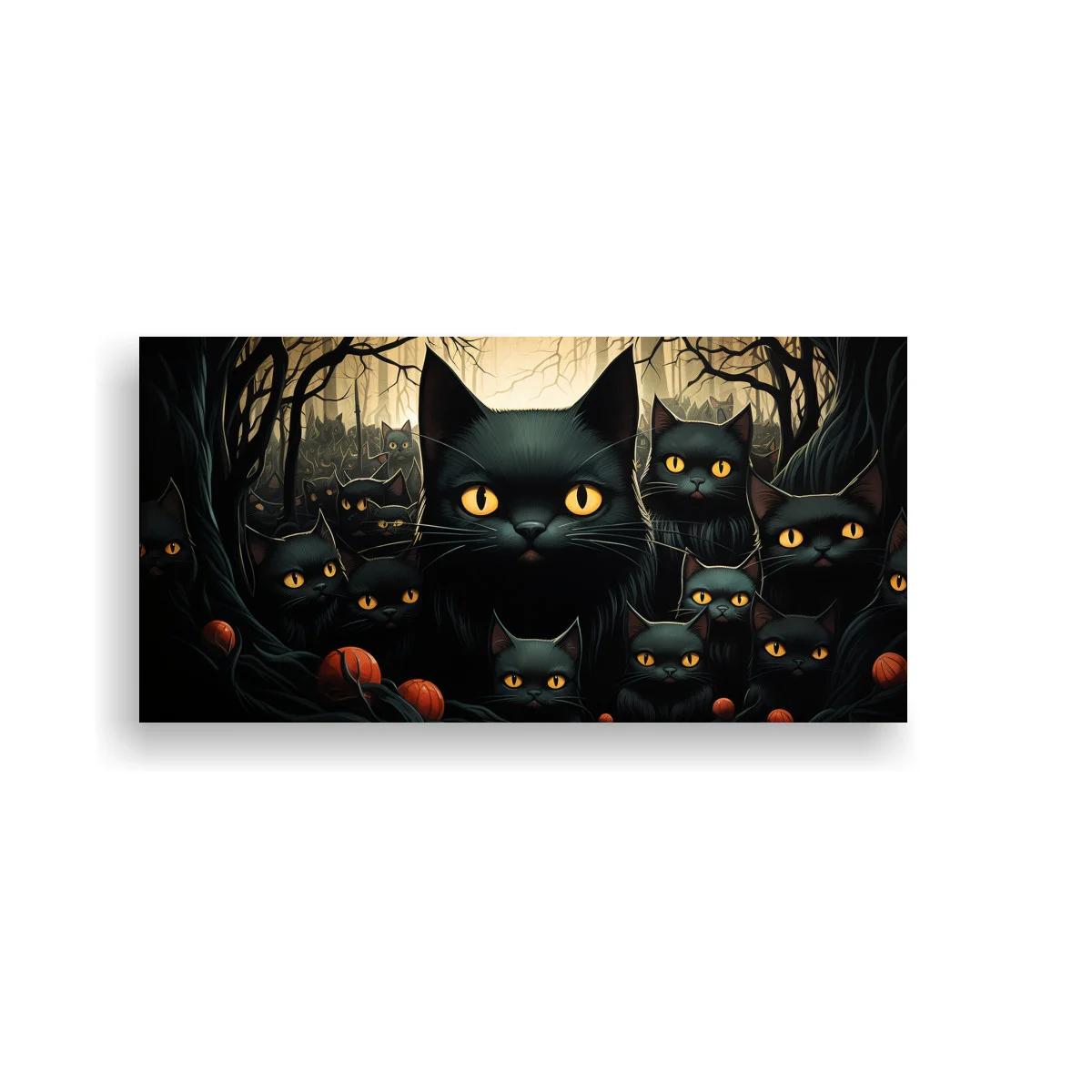 Cuadro gatos negros enmarcados por ramas oscuras y calabazas